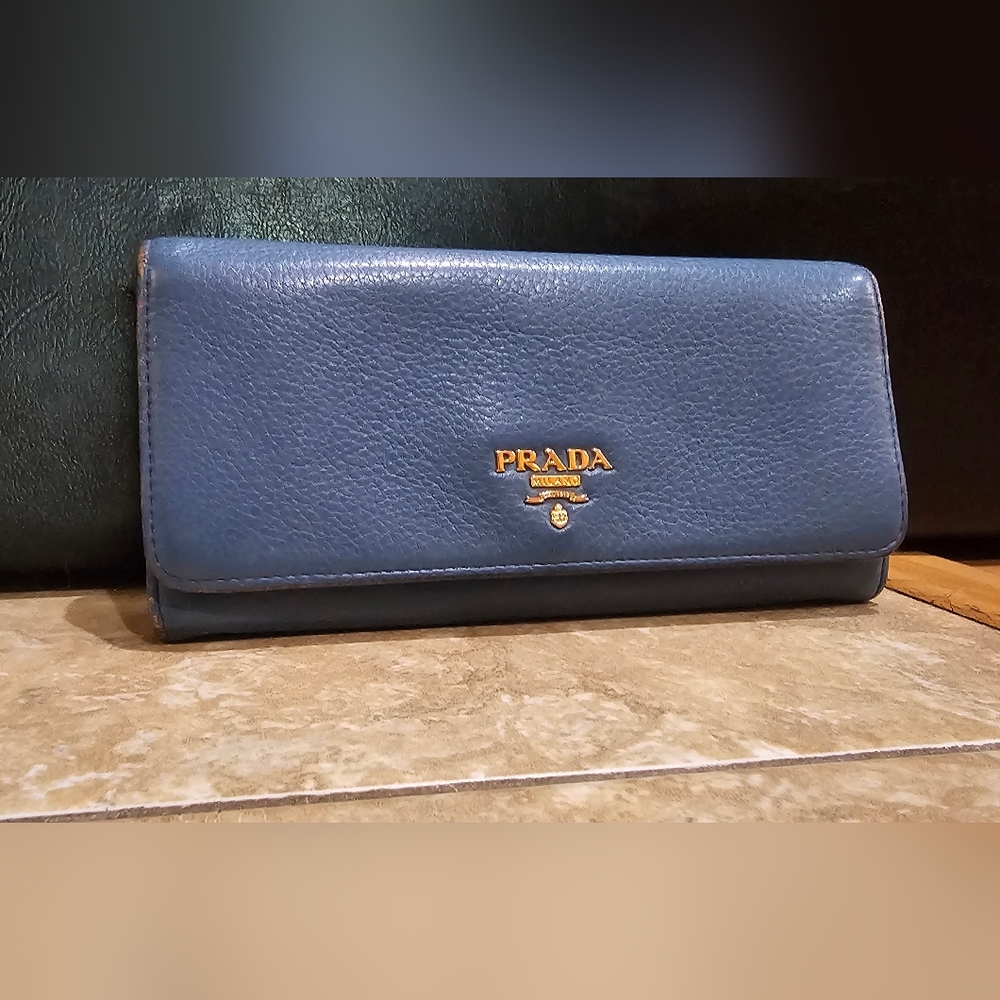Prada Blue Leather Wallet with Gold Detail